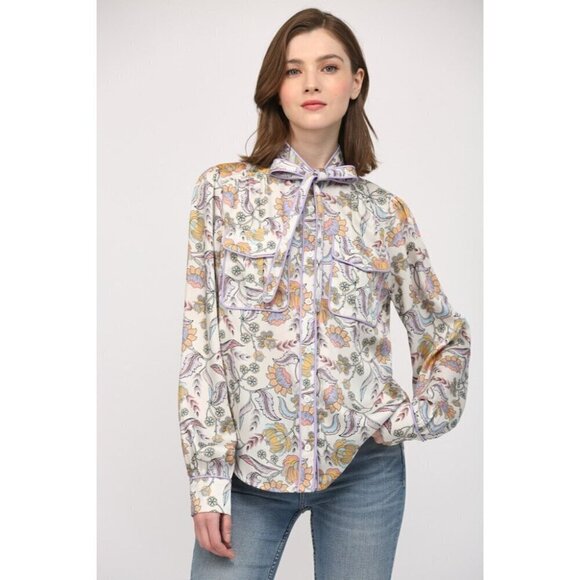 Floral Button Down Blouse with Piping Accent - Picture 12 of 14